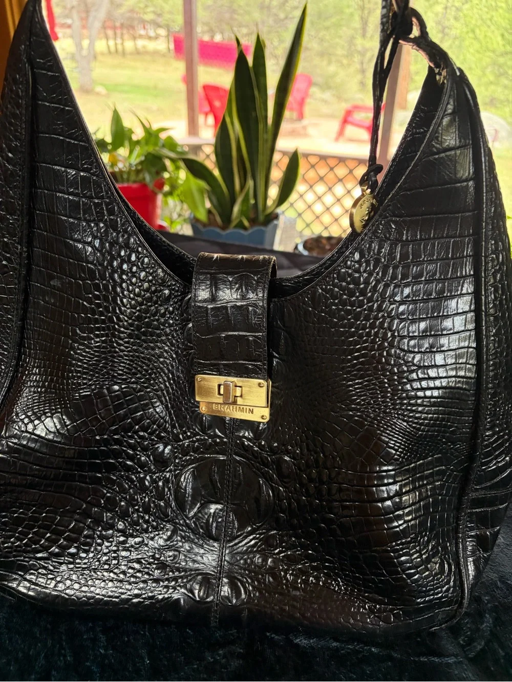 Brahmin Black Croc-Embossed Leather Shoulder Hobo with Gold Hardware